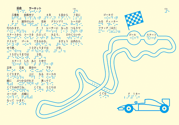 鈴鹿サーキットのページ画像。鈴鹿サーキットのコースと、フラッグ、Ｆ１カーの絵。