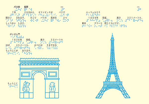 パリの名所のページ画像。左ページ凱旋門の絵。右ページにエッフェル塔の絵。