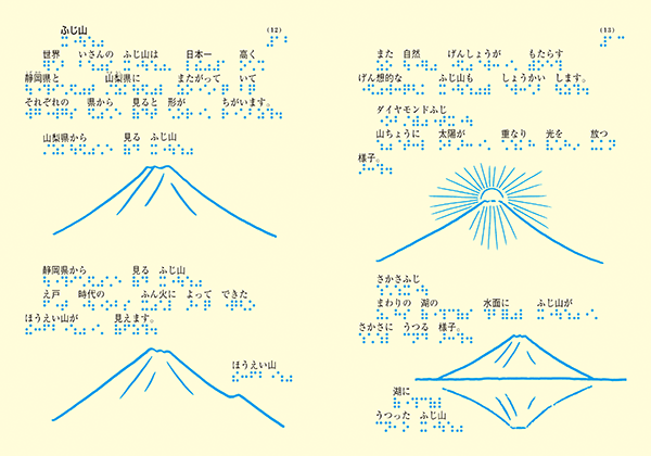富士山のページ画像。左ページに山梨県から見る富士山と静岡県から見る富士山の絵。右ページにダイヤモンド富士と逆さ富士の絵。