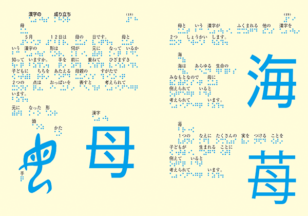 日本の点字の歴史のページ画像。左ページに８点点字と漢字の目の字。右ページに点字の仕組みでア行とカ行とその点字。